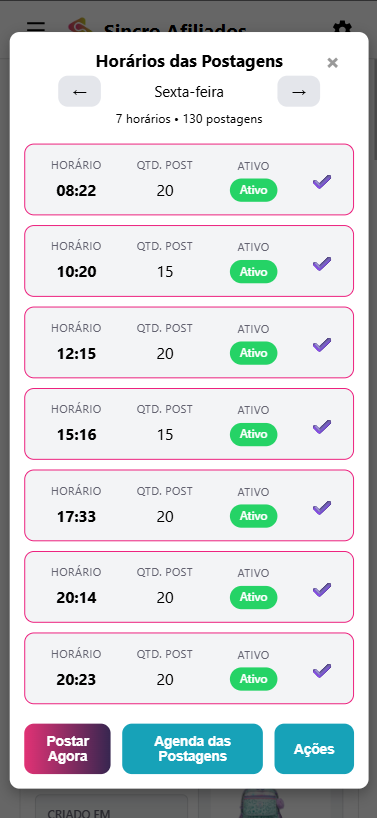 Agenda de postagens por dia e horário